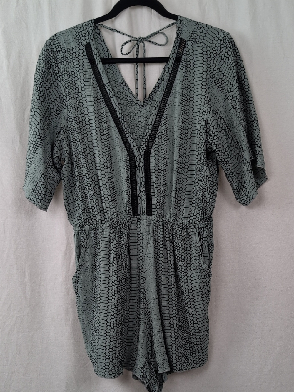 KHUSH RESORT WEAR V-Neck Short Sleeve Romper in Blue & Black Snake Print